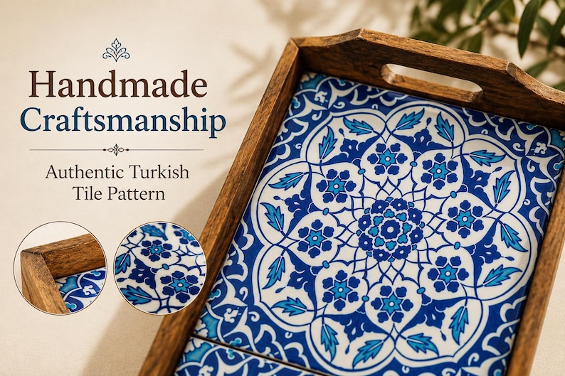 May include: A wooden serving tray featuring a central inlay of white ceramic tiles decorated with a blue and turquoise floral pattern. The text "Handmade Craftsmanship" and "Authentic Turkish Tile Pattern" is printed on the left side.