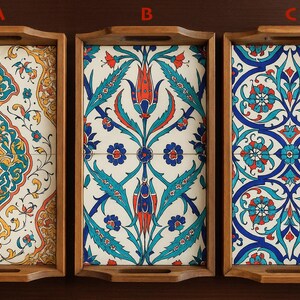 Large Ottoman Tray, Turkish Tile Coffee Table Centerpiece, Wooden Serving Tray image 8