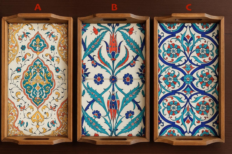 Large Ottoman Tray, Turkish Tile Coffee Table Centerpiece, Wooden Serving Tray image 8