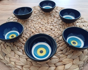 Turkish Delight: Hand Painted Ceramic Bowls with Protective Evil Eye Beads (8 cm) - Unique Tableware