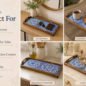 May include: A rectangular wooden serving tray featuring a blue and white patterned tile inlay with integrated handles. The tray is shown in four different settings, displaying items such as keys, a wallet, a coffee mug, a candle, and jewelry.