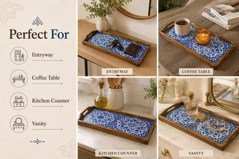 May include: A rectangular wooden serving tray featuring a blue and white patterned tile inlay with integrated handles. The tray is shown in four different settings, displaying items such as keys, a wallet, a coffee mug, a candle, and jewelry.