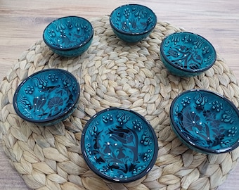 Cuencos pequeños de cerámica turca pintados a mano (8 cm) / Cuencos para tapas, postres, nueces, aceitunas, salsa de soja, salsa / juego de 6 piezas, turquesa