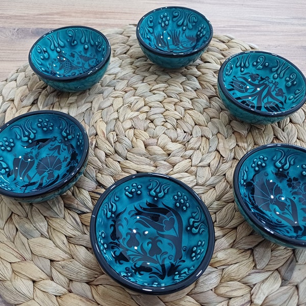 Hand Painted Small Turkish Ceramic Bowls (8 cm) / Snack Bowls for Tapas, Dessert, Nuts, Olive, Soy Sauce Dish, Dip / 6 Pieces Set, Turquoise