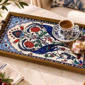 Large Ottoman Tray, Turkish Ceramic Tile Coffee Table Centerpiece, Wooden Serving Tray