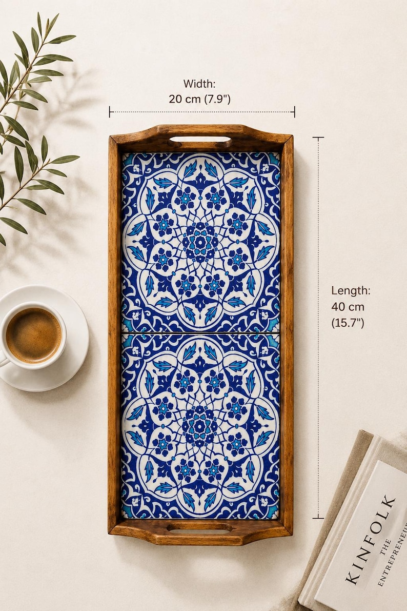 May include: A rectangular wooden serving tray featuring two inset ceramic tiles with a blue and white floral mandala pattern. The tray has cut-out handles on both ends and measures 7.9 inches in width by 15.7 inches in length as indicated.