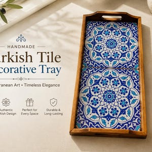 May include: A rectangular wooden serving tray featuring two square ceramic tiles with intricate blue, white, and turquoise floral mandala patterns. The tray has integrated handles on the short ends and a smooth, polished brown wood finish.