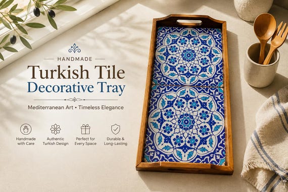 Large Ottoman Tray, Turkish Tile Coffee Table Centerpiece, Wooden Serving Tray