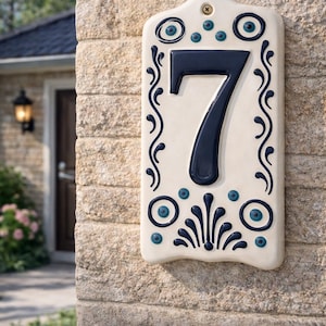 Handmade Ceramic House Number Tile – No Drill Option, Raised Script, Turkish Design