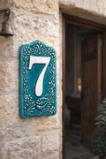 Handmade Ceramic House Number Tile – No Drill Option, Raised White Script, Turkish Design