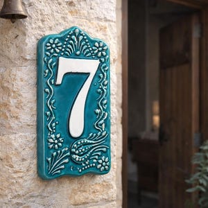 Handmade Ceramic House Number Tile – No Drill Option, Raised White Script, Turkish Design
