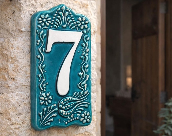 Handmade Ceramic House Number Tile – No Drill Option, Raised White Script, Turkish Design