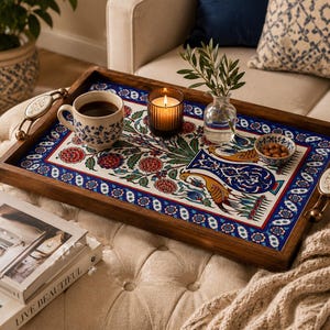 Groot Ottomaans dienblad, middenstuk Turkse keramische tegels salontafel, houten dienblad