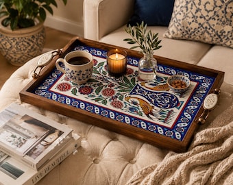 Large Ottoman Tray, Turkish Ceramic Tile Coffee Table Centerpiece, Wooden Serving Tray