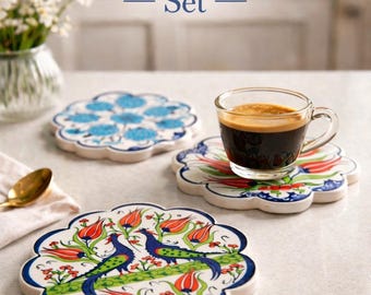 Turkish Ceramic Coaster Set | Handcrafted Iznik Flower Shaped Daisy Tile