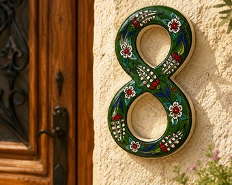 Ceramic House Number, Handmade Turkish Floral Tile, Mediterranean Address Plaque, Green Door Number