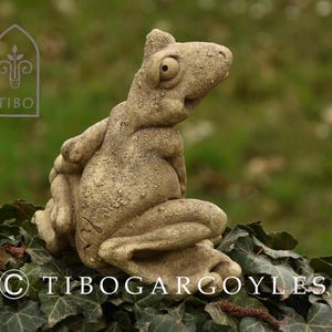 Op de afbeelding: Een steenkleurige kikkerstandbeeld met grote ogen en een getextureerd oppervlak, zittend op groene klimop. De afbeelding bevat de tekst "TIBO" en "TIBOGARGOYLES".