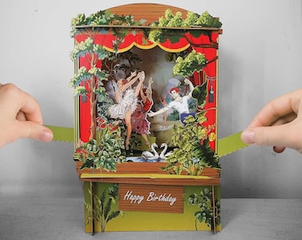 3D Ballet Theatre Pop Up Card | Swan Lake Birthday Card for Dancers | Handmade Paper Stage Card | hand motion | Ships from USA