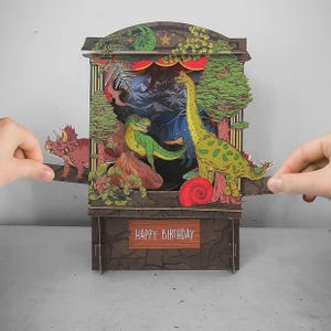 3D Dinosaur Pop Up Birthday Card | Handmade Jurassic Paper Theatre | Kids T-Rex Greeting Card with Scene | movable scene | Ships from USA