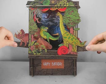 3D Dinosaur Pop Up Birthday Card | Handmade Jurassic Paper Theatre | Kids T-Rex Greeting Card with Scene | movable scene | Ships from USA
