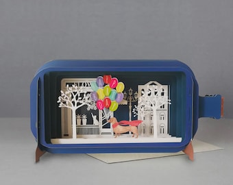 3D Pop Up Birthday Card with Dog & Balloons | Happy Birthday Greeting Card | Cute Dachshund Scene Diorama | Handmade Pet Lover Gift