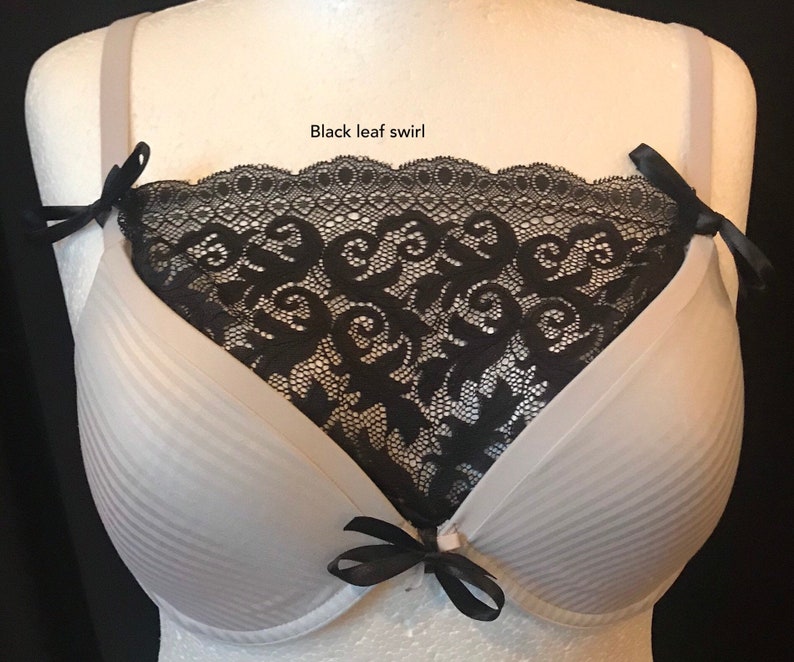 modesty panel, cleavage cover, décolletage cover, silver, lace, post surgery cover,black lace, plus size clothing,chest cover black leaf swirl