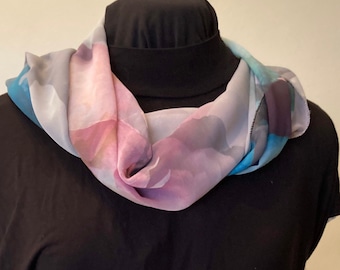 Handmade Abstract Viscose Scarf: Pink, Blue & Grey Sheer Wrap