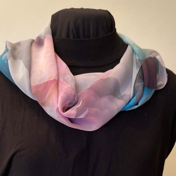 scarf, sheer scarf, abstract print ,ladies , pink, blue and grey, long lightweight chiffon scarf, wrap, stole.