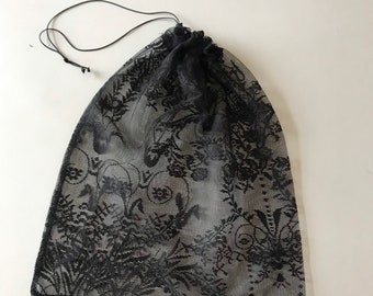 Handmade Black Lace Drawstring Bag: Reusable Produce Bag (17” x 14”)