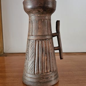 MCM West German Ceramic Pitcher: 70s Retro Carved Vase