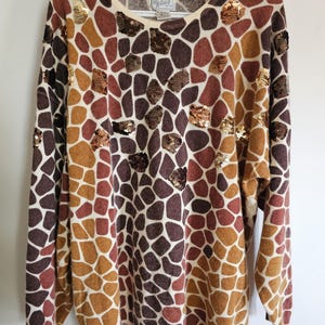 Vintage Wool Animal Print and Sequin Sweater - Eaton&#39;s Canada Sweater - Plus Size 2X Vintage - 80s Kitsch Sweater - Lambswool and Angora
