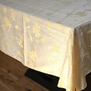 Vintage Yellow Jacquard Tablecloth: Floral Butterfly Design, 52x48