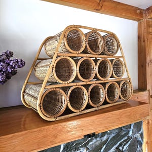 Vintage Wicker Wine Bottle Rack - Bamboo Wine Bottle Rack - MCM Wine Bottle Display - Tiki Bar Bottle Rack - Kitsch Bar Rack