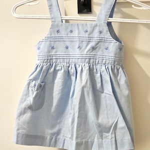 Vintage Blue Cotton Baby Dress: Floral Embroidery, Size 92