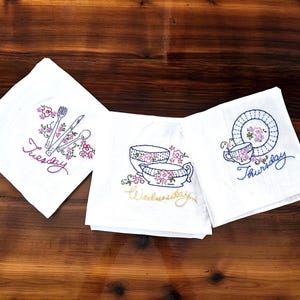 3 Vintage Embroidered Days of the Week Tea Towels - Farmhouse Kitchen Towels - Tea Cup Embroidered Towels