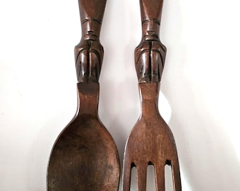 Vintage Monkey Pod Wood Salad Utensil Set: Hand Carved Tiki Style