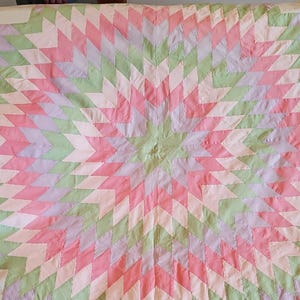 Sábana plana tamaño queen con diseño geométrico pastel vintage hecho a mano y patchwork