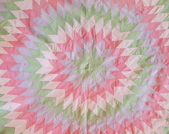 Vintage Handmade Pastel Geometric Patchwork Quilt Queen Flat Sheet