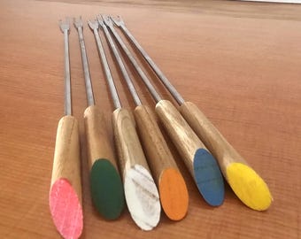 Vintage 70s Fondue Forks Set: Stainless Steel & Wood, MCM Utensils