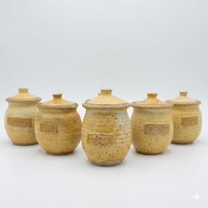 May include: Five handmade ceramic spice jars with lids. The jars are a speckled beige colour and labelled with spice names: Rosemary, Sage, Nutmeg, Ginger, and Thyme. The jars are arranged on a white surface.