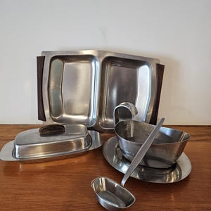 Vintage MCM Stainless Steel Serving Set: Gravy Boat, Butter Dish, Tray