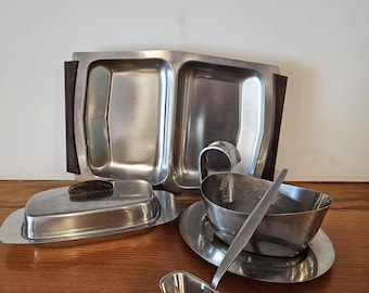 Vintage MCM Stainless Steel Serving Set: Gravy Boat, Butter Dish, Tray