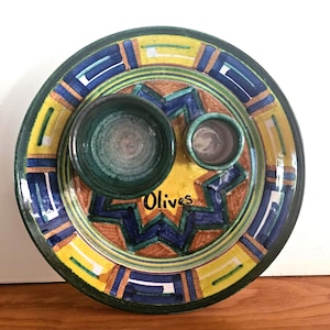 Vintage Mexican Terra Cotta Olive Dish: Hand Painted Tapas Pottery