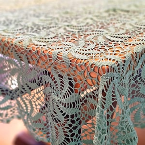 Antique Green Crocheted Cotton Tablecloth -  Lace Table Cloth - Crochet Lace Linens - Square Lace Tablecloth - Crochet Tablecloth