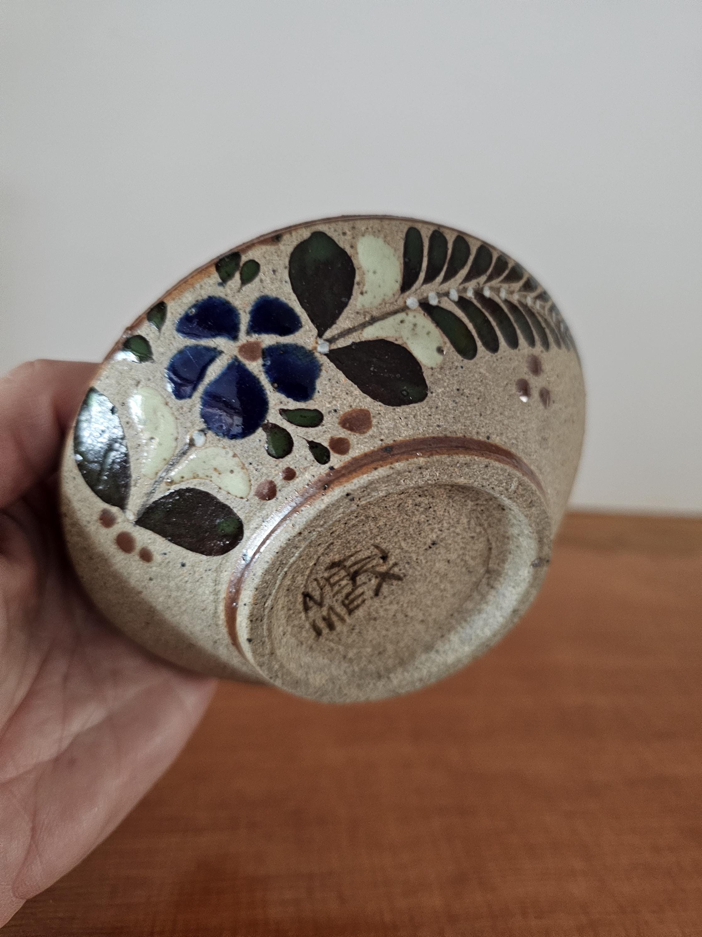 ヴィンテージ メキシコ トナラ陶器 小物入れ：手描きの花と鳥の