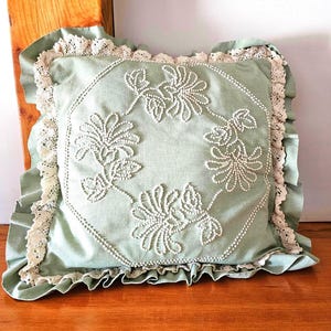 Embroidered Sage Green Pillow: Vintage Cotton Lace Ruffle Cushion
