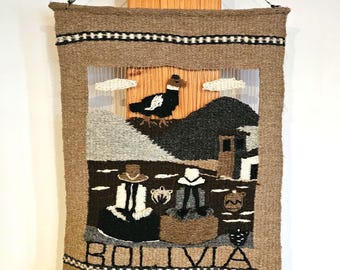 Vintage Bolivian Wool Tapestry: Handwoven Folk Art Wall HangingLocated in Canada