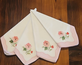 Vintage Embroidered Cotton Handkerchiefs - Set of 4 Floral Pink Napkins