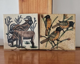 Pair of Vintage Ceramic Handmade Pottery Tiles