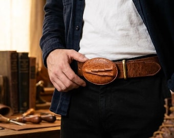 Vintage Tan Leather Oval Belt Buckle: Western Cowboy Cowgirl StyleLocated in Canada
